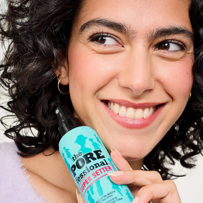 image showing happy Pakistani girl with Benefit POREfessional Makeup Setting Spray available at Heygirl.pk for delivery in Karachi, Lahore, Islamabad across Pakistan.