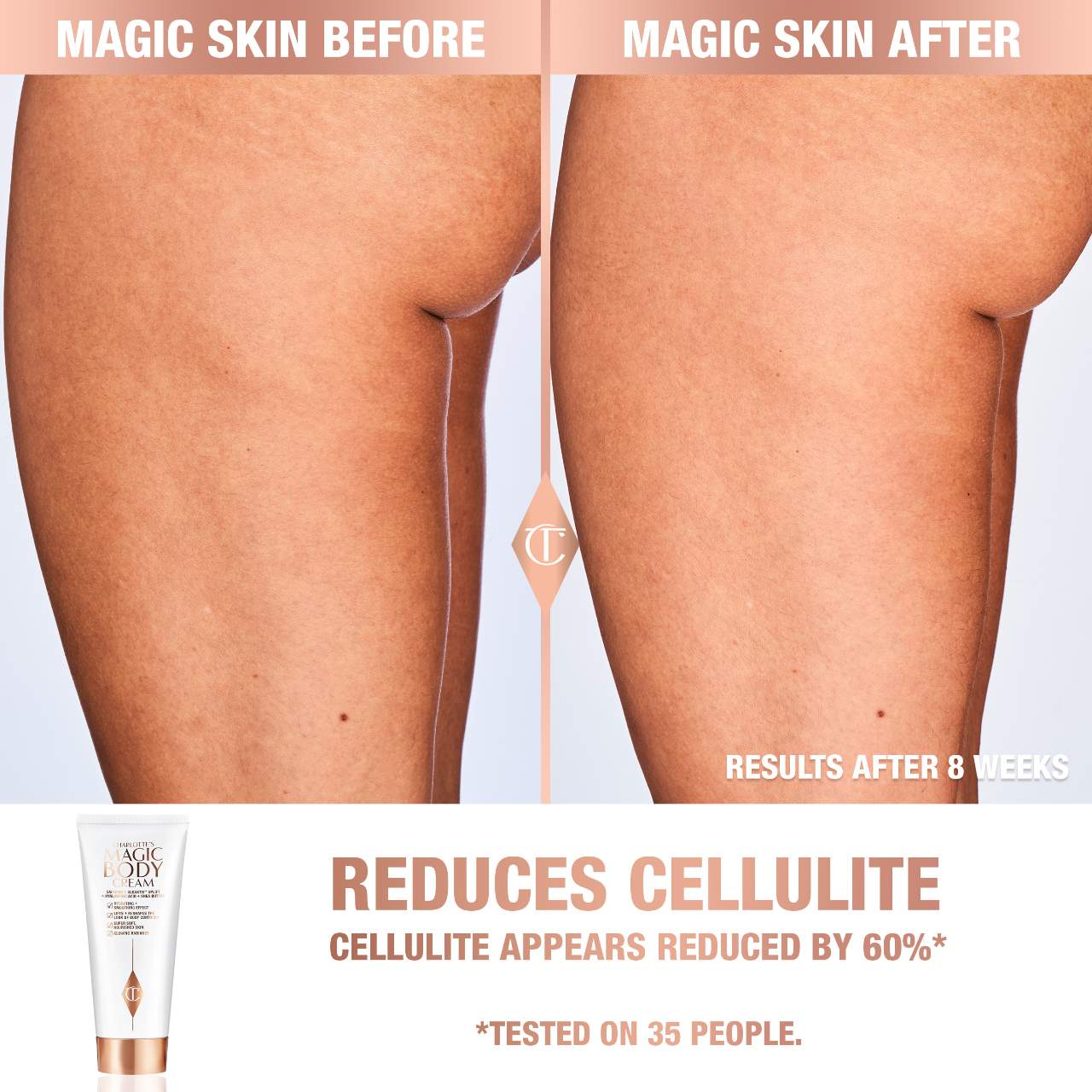 image showing before and after result of using Charlotte Tilbury anti aging magic body cream for stretch marks and skin glow available at Heygirl.pk for delivery in Pakistan.