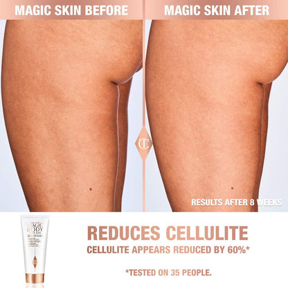 image showing before and after result of using Charlotte Tilbury anti aging magic body cream for stretch marks and skin glow available at Heygirl.pk for delivery in Pakistan.