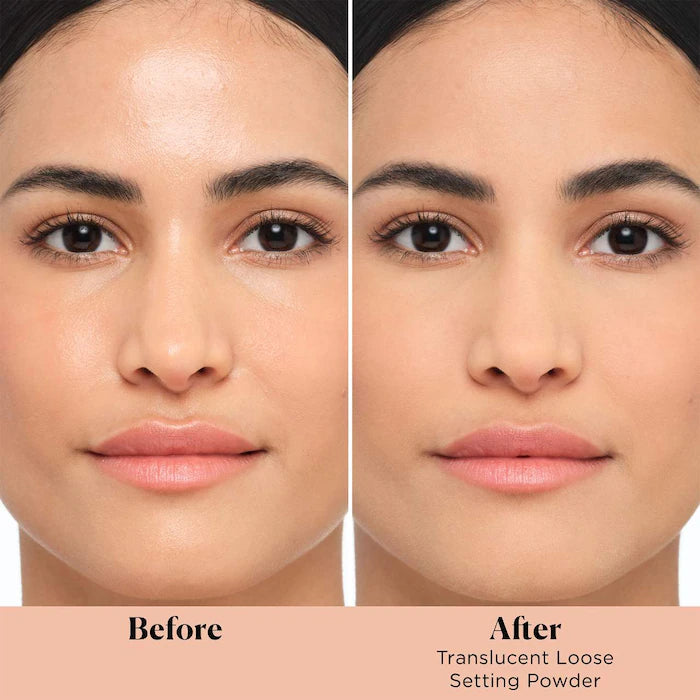 image showing before and after result of using Laura Mercier Translucent makeup setting powder for her available at Heygirl.pk for delivery in Pakistan