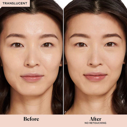 image showing before and after result of using Laura Mercier Translucent makeup setting powder for her available at Heygirl.pk for delivery in Pakistan