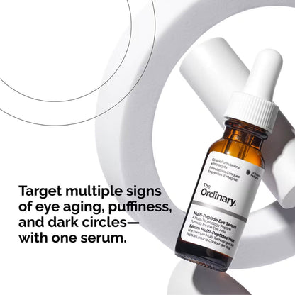 image showing benefits of using ordinary multi peptide anti aging eye serum for dark circles and eye puffiness available at Heygirl.pk for delivery in Pakistan