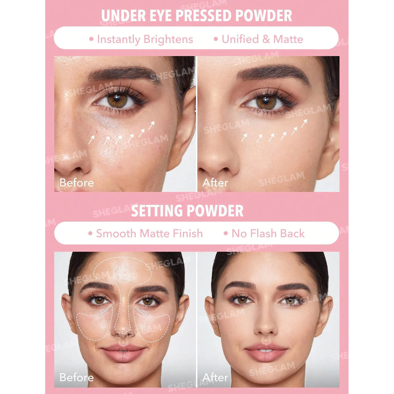 image showing before and after of SheGlam Face & Eyes Setting Poder available at Heygirl.pk for delivery in Pakistan.