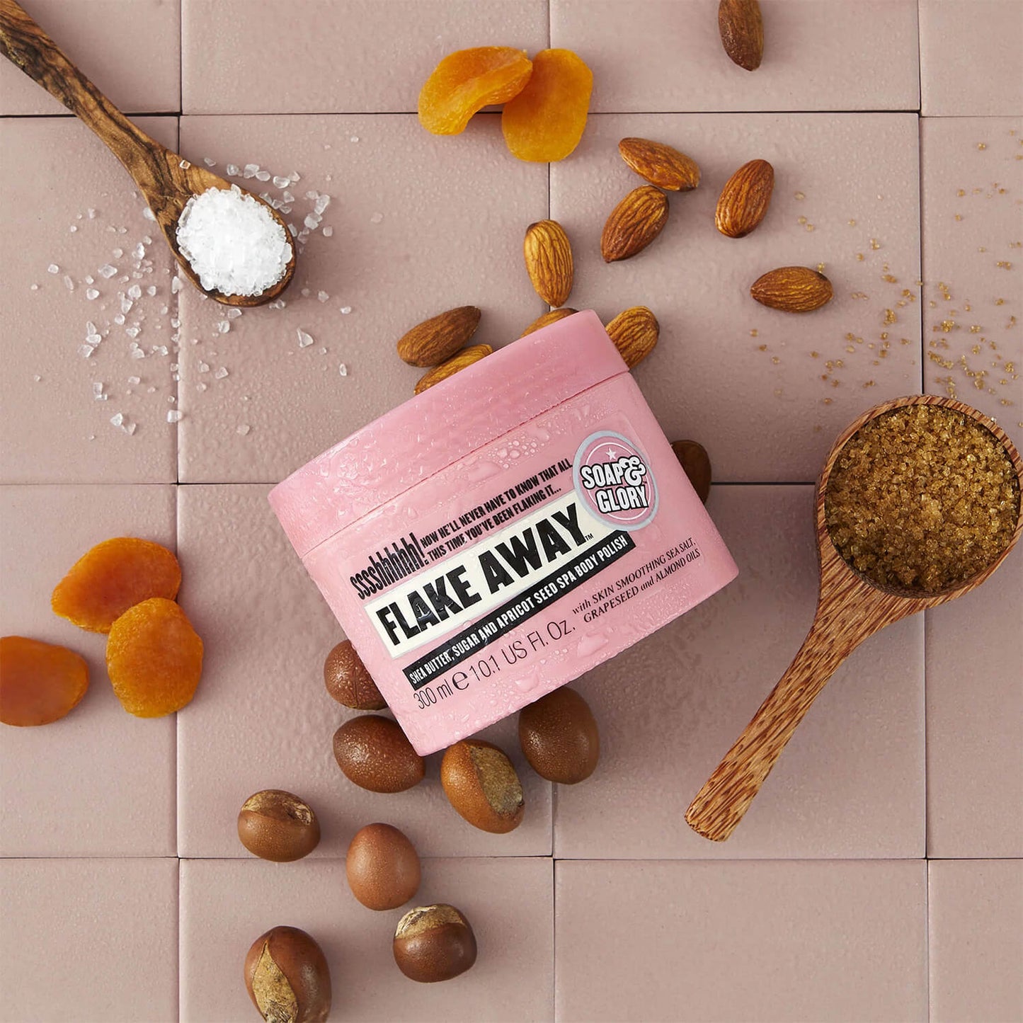 image showing ingredients of Soap & Glory Flake Away Body Scrub available at Heygirl.pk for delivery in Pakistan