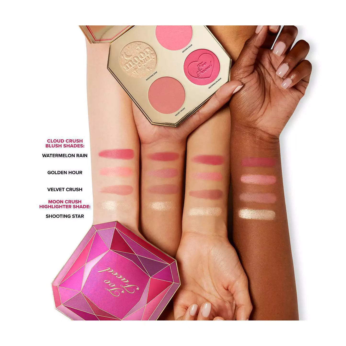 swatch image of Too Faced Jewel Blush and Highlighter Palette available at Heygirl.pk for delivery in Pakistan.